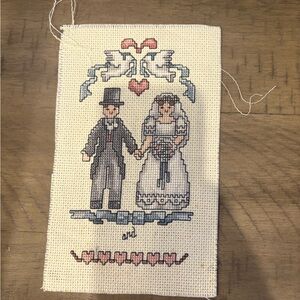 Bride and groom wedding finished Crosstitch embroidery artisan handmade vintage